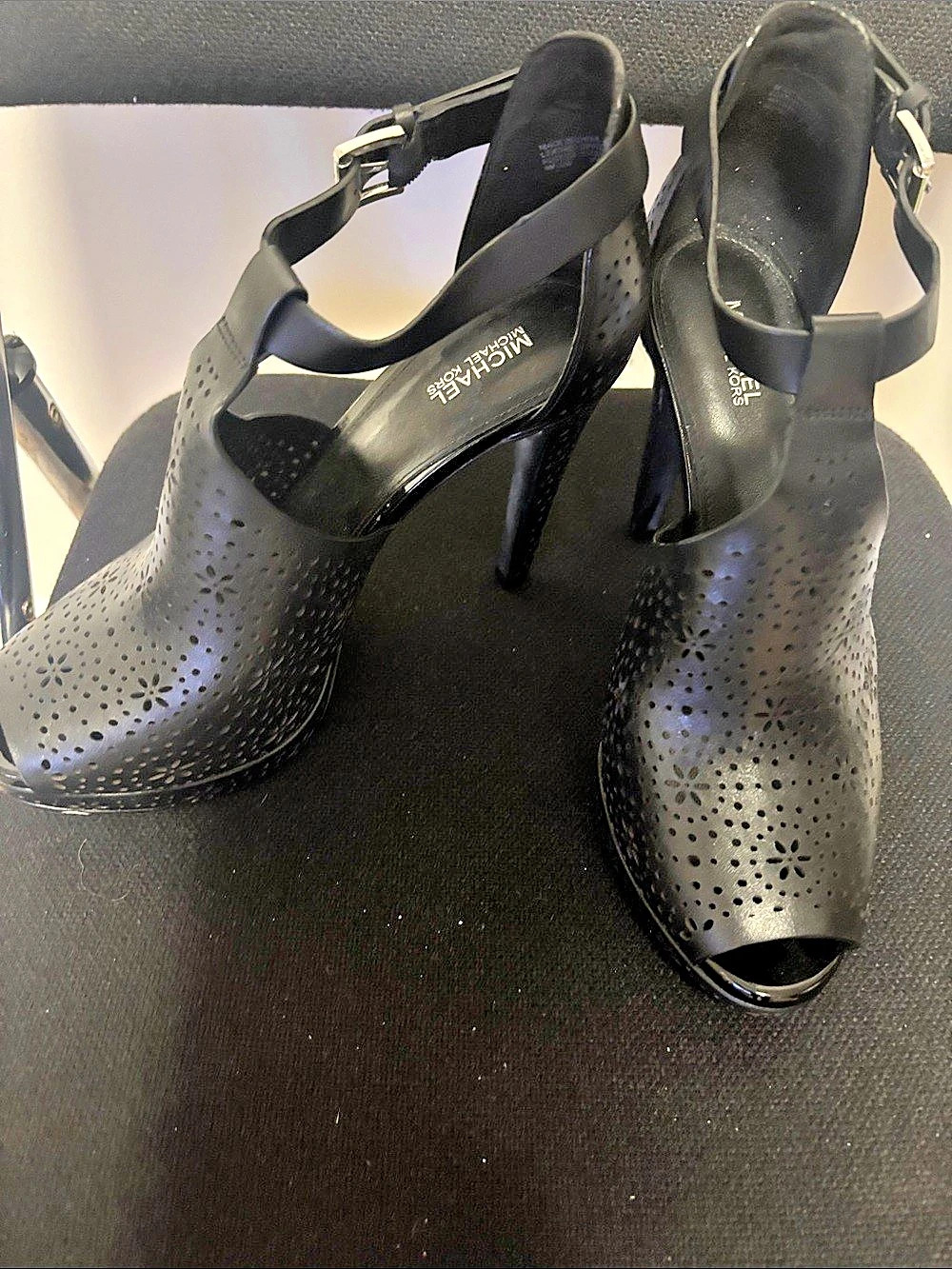 Michael Kors Perforated Peep-Toe Heels in Black